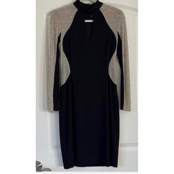Xscape Black Beaded Illusion Long Sleeve Sheath Dress Size 14 Cocktail Party - Picture 8 of 10